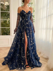 Navy Blue Starry Tulle Prom Dresses with Gloves, Slit & Sweetheart Neckline - TO0004