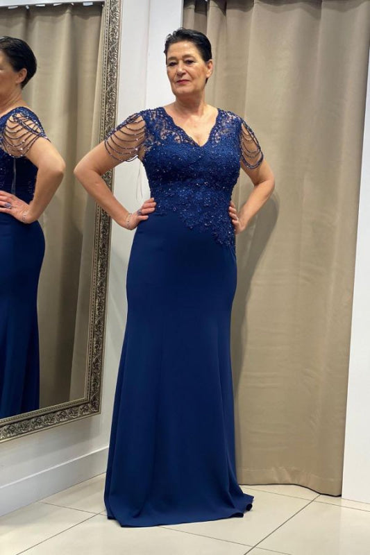 Navy blue v-neck column Long Mother of the Bride Dress with Tassels