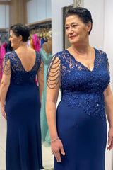 Navy blue v-neck column Long Mother of the Bride Dress with Tassels