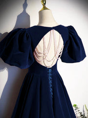 Best Navy Blue Velvet Prom Gown Short Sleeves Birthday Party Dresses