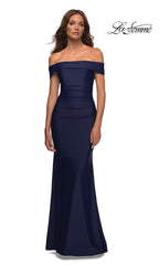 La Femme Ruched Long Off-the-Shoulder Prom Dress