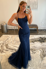 Mint Green Lace Mermaid Backless Long Prom Dresses Sleeveless Evening Dresses