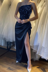 Glamorous Satin Black Prom Dress with Sequins Sleeveless High Slit Evening Dress