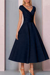 Navy Satin A-Line Mother of the Bride Dress V Neck Tea Length Wedding Guest Dress