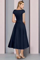 Navy Satin A-Line Mother of the Bride Dress V Neck Tea Length Wedding Guest Dress