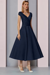 Navy Satin A-Line Mother of the Bride Dress V Neck Tea Length Wedding Guest Dress