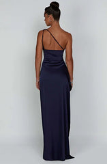 One-Shoulder Luxury lightweight satin Thigh high split Formal Prom Dress