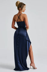 Black Spaghetti Strap Floor Length Front Split Prom Dress