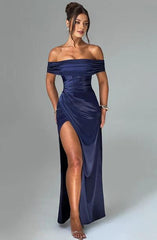 Sexy A-line Off The Shoulder Pleated Front Slit Formal Prom Dress