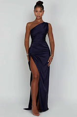 One-Shoulder Luxury lightweight satin Thigh high split Formal Prom Dress