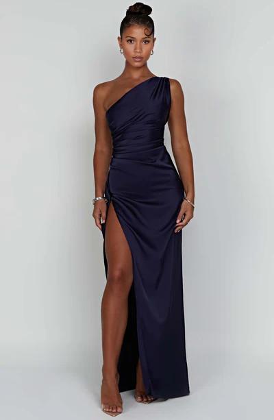 One-Shoulder Luxury lightweight satin Thigh high split Formal Prom Dress