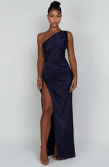 One-Shoulder Luxury lightweight satin Thigh high split Formal Prom Dress