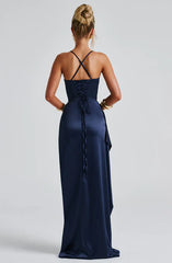 Black Spaghetti Strap Floor Length Front Split Prom Dress