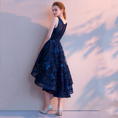 Navy Blue Lace High Low Round Neckline Party Dress, Blue Prom Dress Homecoming Dress