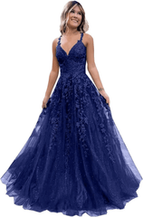 2024 Long Blue Lace Prom Dresses V Neck Formal Evening Dresses Open Back