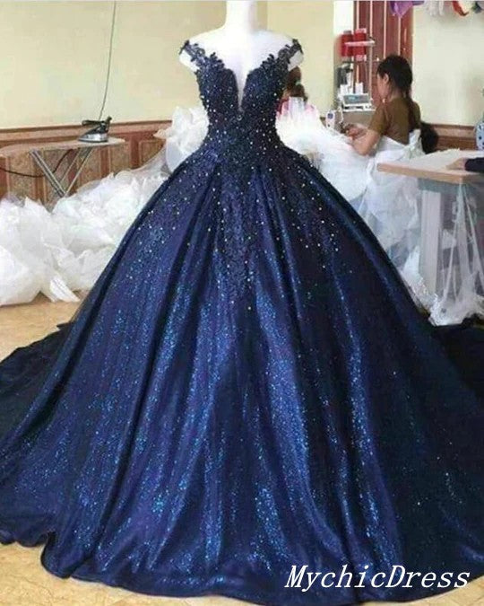 Off the Shoulder Navy Blue Sequin Quince Dresses Ball Gown Lace Sweet 16 dress