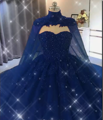 Ball Gown 2024 Navy Blue Tulle Lace Crystals Quinceanera Dresses With Cape