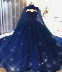 Ball Gown 2024 Navy Blue Tulle Lace Crystals Quinceanera Dresses With Cape