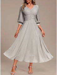 Women's Prom Dress Party Dress Ruched V Neck 3/4 Length Sleeve Gray Spring Winter