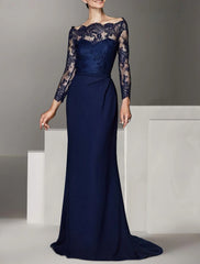 Mermaid / Trumpet Mother of the Bride Dress Formal Wedding Guest Elegant Off Shoulder Floor Length Lace Stretch Chiffon Long Sleeve with Lace Ruching