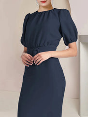 Sheath / Column Mother of the Bride Dress Formal Wedding Guest Elegant Scoop Neck Tea Length Stretch Chiffon Short Sleeve with Sash / Ribbon