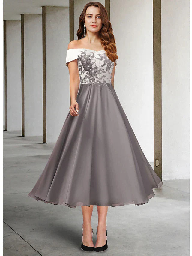 A-Line Mother of the Bride Dress Elegant Off Shoulder Tea Length Chiffon Lace Short Sleeve with Pleats Appliques