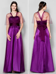 DingjiA-Line Bridesmaid Dress Straps Sleeveless Convertible Dress Floor Length Tulle with Ruched / Side Draping