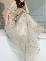 A-Line Evening Gown Elegant Dress Wedding Guest Engagement Floor Length Short Sleeve Off Shoulder Tulle with Sequin