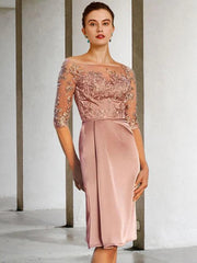 Sheath / Column Mother of the Bride Dress Vintage Elegant Jewel Neck Knee Length Lace Charmeuse Half Sleeve with Appliques