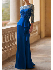 Mermaid/Small Mother of the bride dresses Wedding Guests Elegant Retro Party Illusion Neckline and Floor Length Lace Elastic Fabric 3/4 Long Sleeves Half Sleeve Belt/Ribbon Pleated Beads