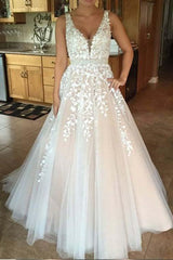 V neck Tulle Lace Long Wedding Dress,Tulle Ball Gown Prom Dress With Appliques TN155