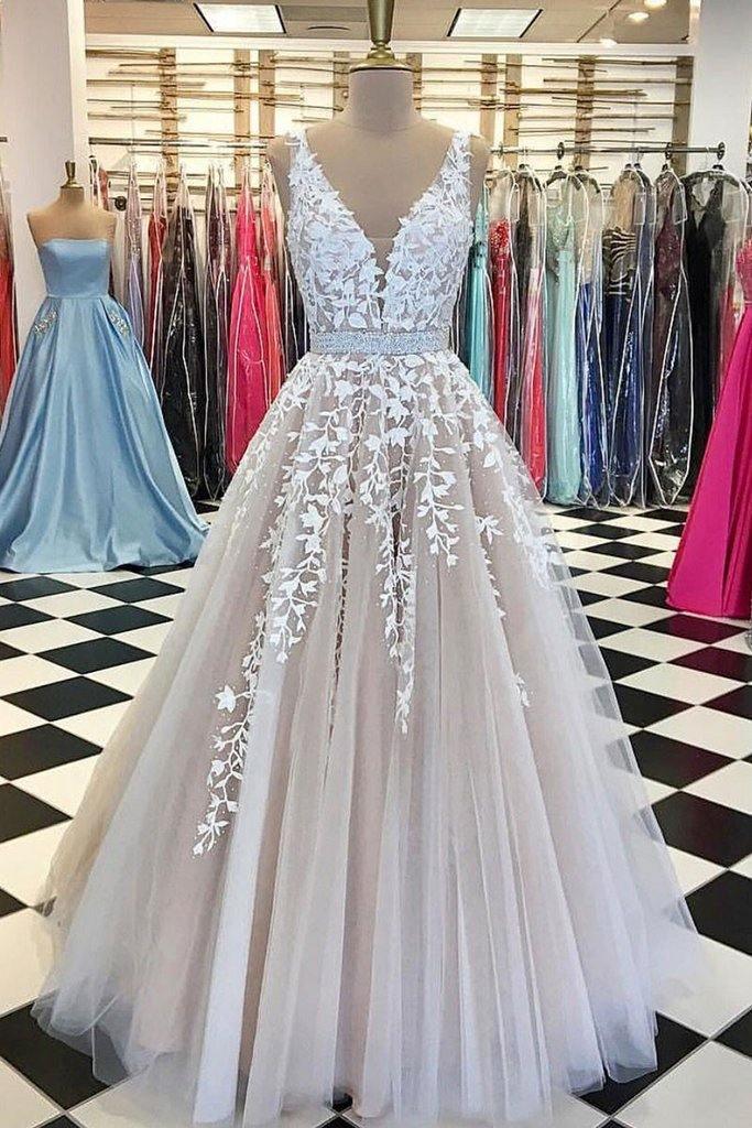 V neck Tulle Lace Long Wedding Dress,Tulle Ball Gown Prom Dress With Appliques TN155