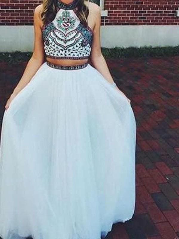 Net Halter Sleeveless Floor-Length With Beading Two Piece Dresses