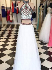 Net Halter Sleeveless Floor-Length With Beading Two Piece Dresses