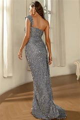 New Arrival Gray One Shoulder Sequins Evening Dress Long Mermaid With Ruffle
