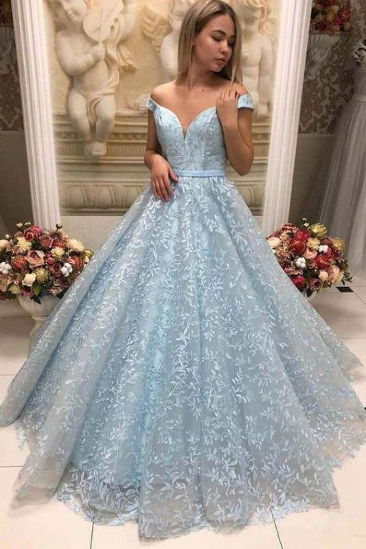 New Arrival Light Blue Lace Puffy Off Shoulder Prom Dresses Formal Evening Dress