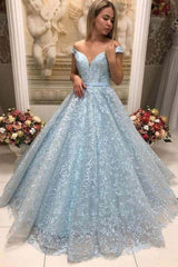 New Arrival Light Blue Lace Puffy Off Shoulder Prom Dresses Formal Evening Dress