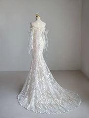 Lace Mermaid Covered-Button Long Sleeve Train Wedding Dress