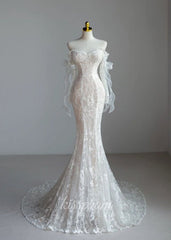 Lace Mermaid Covered-Button Long Sleeve Train Wedding Dress
