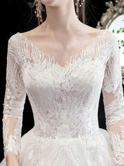 New White Wedding Dress Ball Gown Cathedral Train Jewel Neck 3/4 Length Sleeves Natural Waist Applique Satin Fabric Bridal Dresses