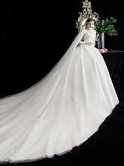 New White Wedding Dress Ball Gown Cathedral Train Jewel Neck 3/4 Length Sleeves Natural Waist Applique Satin Fabric Bridal Dresses