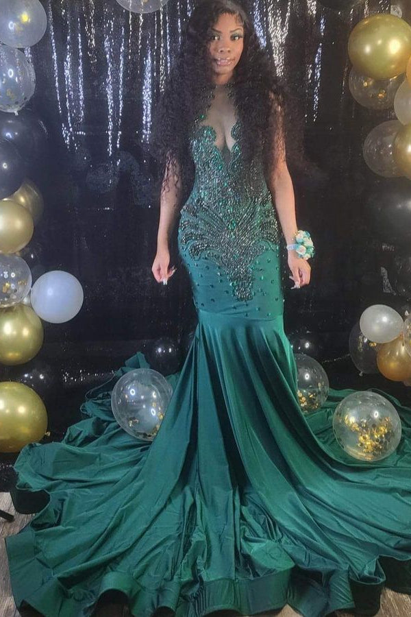 Newest Dark Green Crystal Mermaid Prom Dresses with Beadings