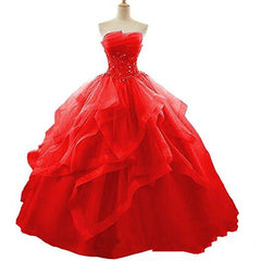 Red Beaded LaceSweet 16 Ball Gown Layers Formal Dress, Prom Dress Party Gowns Red Lace Evening Dresses