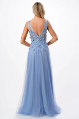 Aimishang Fashion Evening Dress 3D Floral Deep V-Neck Tulle Gown Prom Dresses