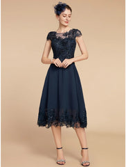 Aimishang  A-Line Mother of the Bride Dress Wedding Guest Elegant Petite Scoop Neck Tea Length Chiffon Lace Cap Sleeve with Sequin Ruching Solid Color