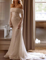 Aimishang Formal Wedding Dresses Mermaid / Trumpet Off Shoulder Long Sleeve Chapel Train Sequined Bridal Gowns With Pleats Solid Color