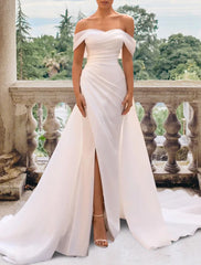 Wholesale Hall Casual Wedding Dresses Sheath / Column Off Shoulder Cap Sleeve Court Train Satin Bridal Gowns With Split Front Side-Draped