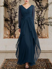 A-Line Mother of the Bride Dress Wedding Guest Elegant Plus Size V Neck Floor Length Chiffon Long Sleeve with Ruched Ruffles Side-Draped dress Solid Color