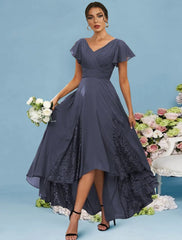 A-Line Bridesmaid Dress V Neck Sleeveless Sexy Asymmetrical Ankle Length Chiffon Lace with Ruffles