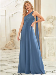 A-Line Evening Gown Empire Dress Wedding Guest Formal Evening Floor Length Sleeveless One Shoulder Bridesmaid Dress Chiffon Backless with Pleats Draping